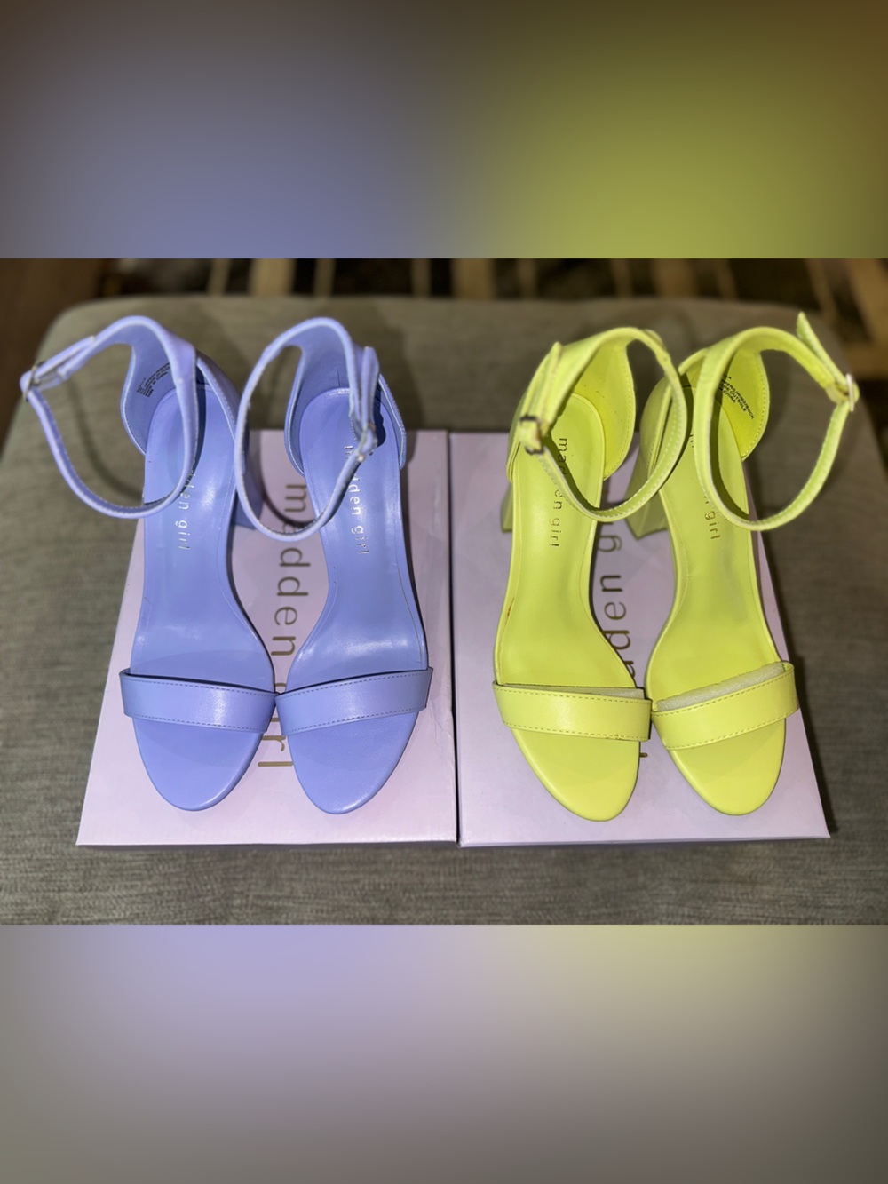 RARE Madden Girl Beella Block Heel Sandals Citron Paris & Periwinkle